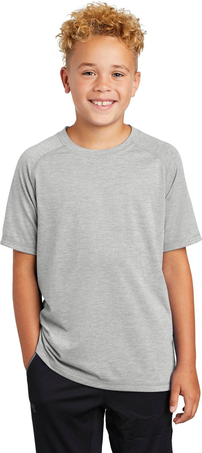 Front View of Light Grey Hth Sport-Tek Youth PosiCharge Tri-Blend Wicking Raglan Tee. YST400
