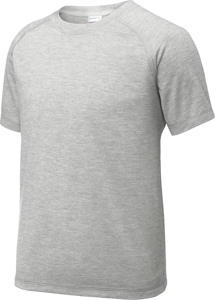 Front View of Light Grey Hth Sport-Tek Youth PosiCharge Tri-Blend Wicking Raglan Tee. YST400