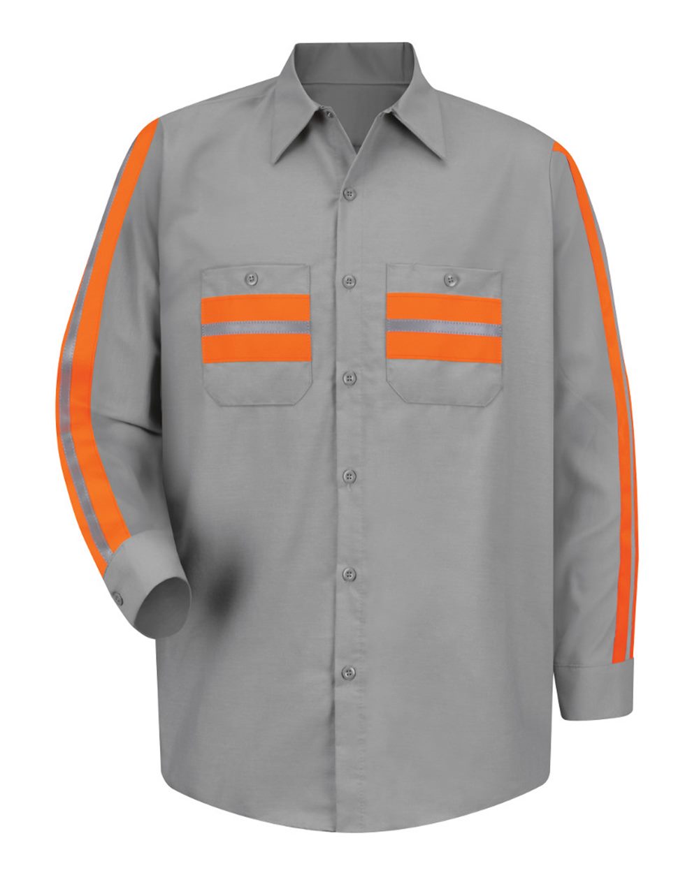 Front View of Light Grey/ Orange Trim Industrial Enhanced-Visibility Long Sleeve Work Shirt - SP14E