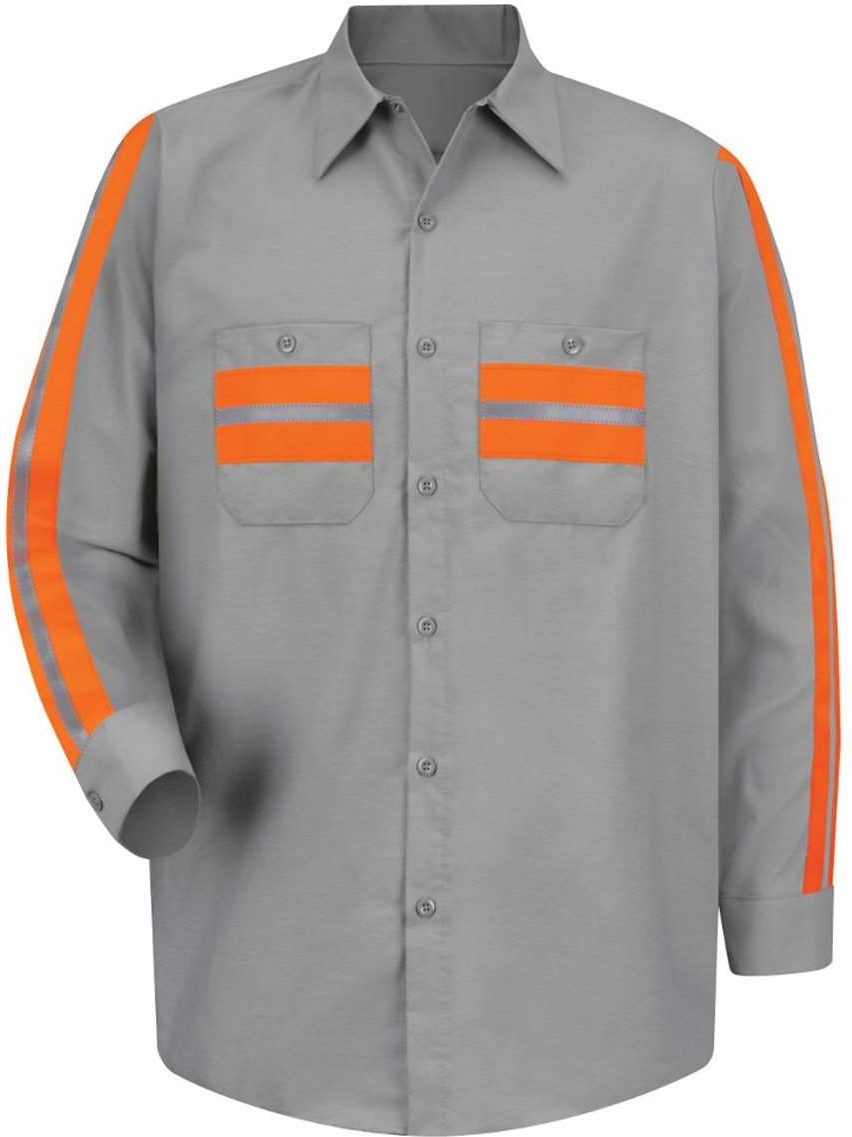 Front View of Light Grey/ Orange Trim Industrial Enhanced-Visibility Long Sleeve Work Shirt - Tall Sizes - SP14ET