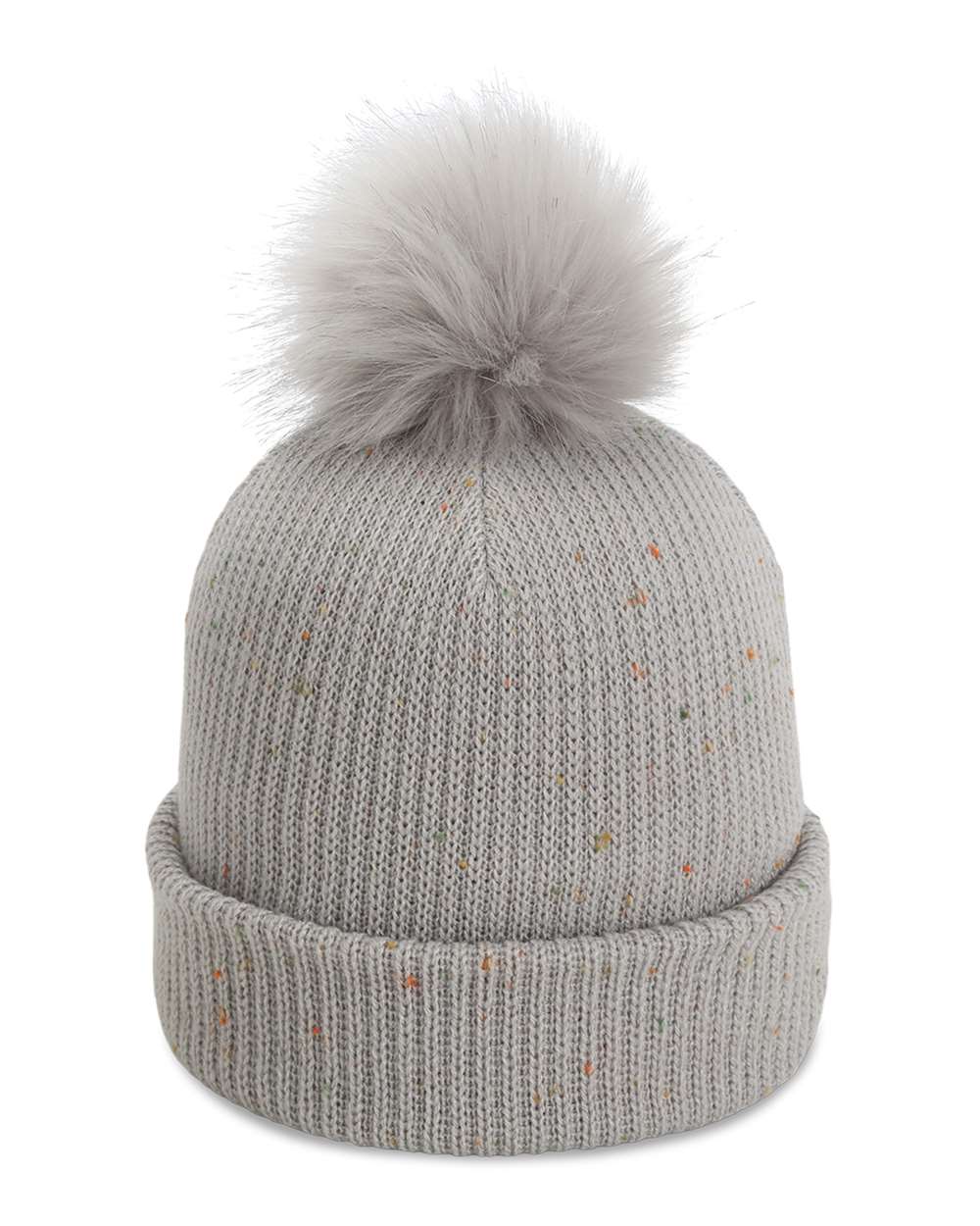 Front View of Light Grey The Montage Pom Cuffed Beanie - 6014