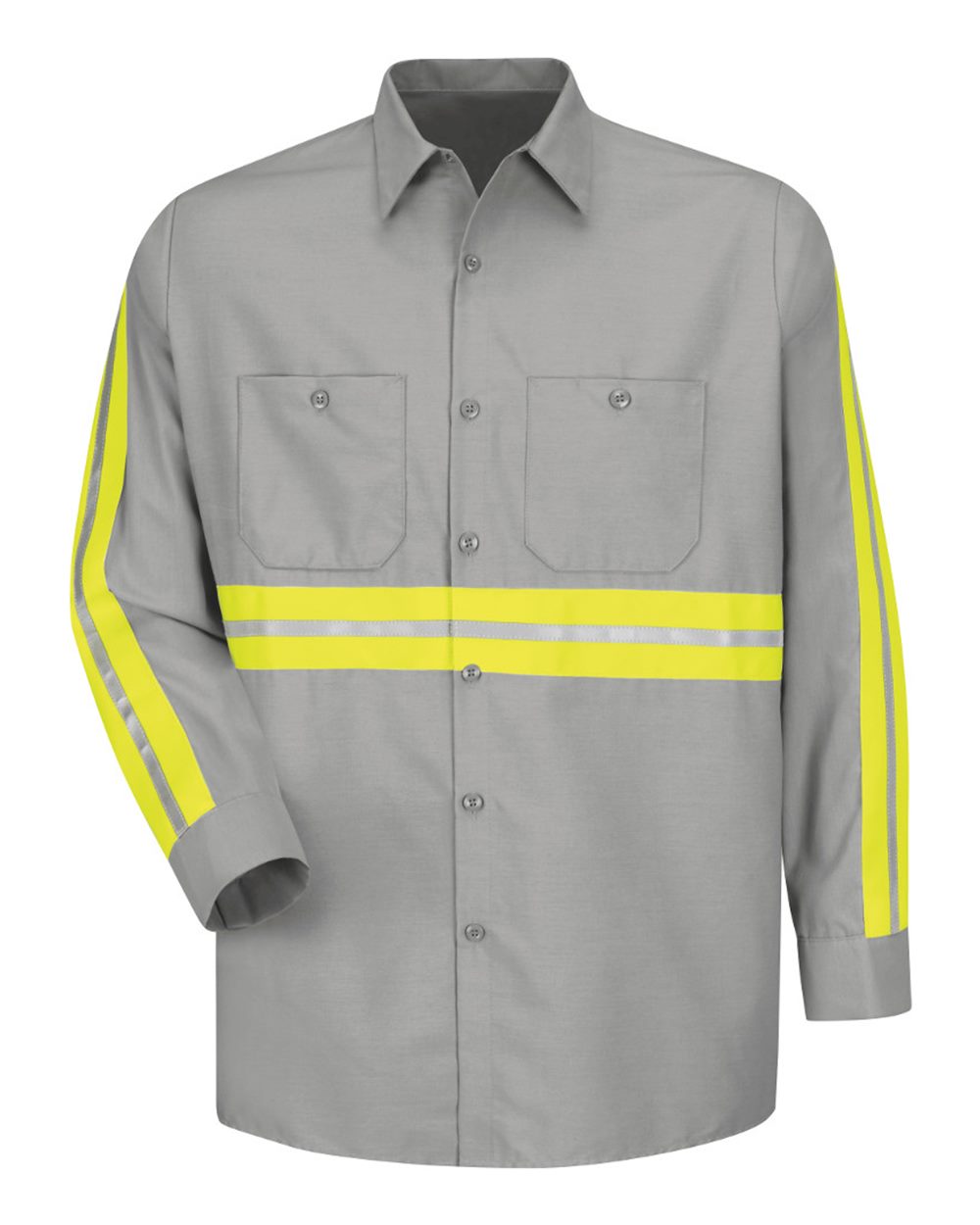 Front View of Light Grey/ Yellow Trim Industrial Enhanced-Visibility Long Sleeve Work Shirt - Tall Sizes - SP14ET