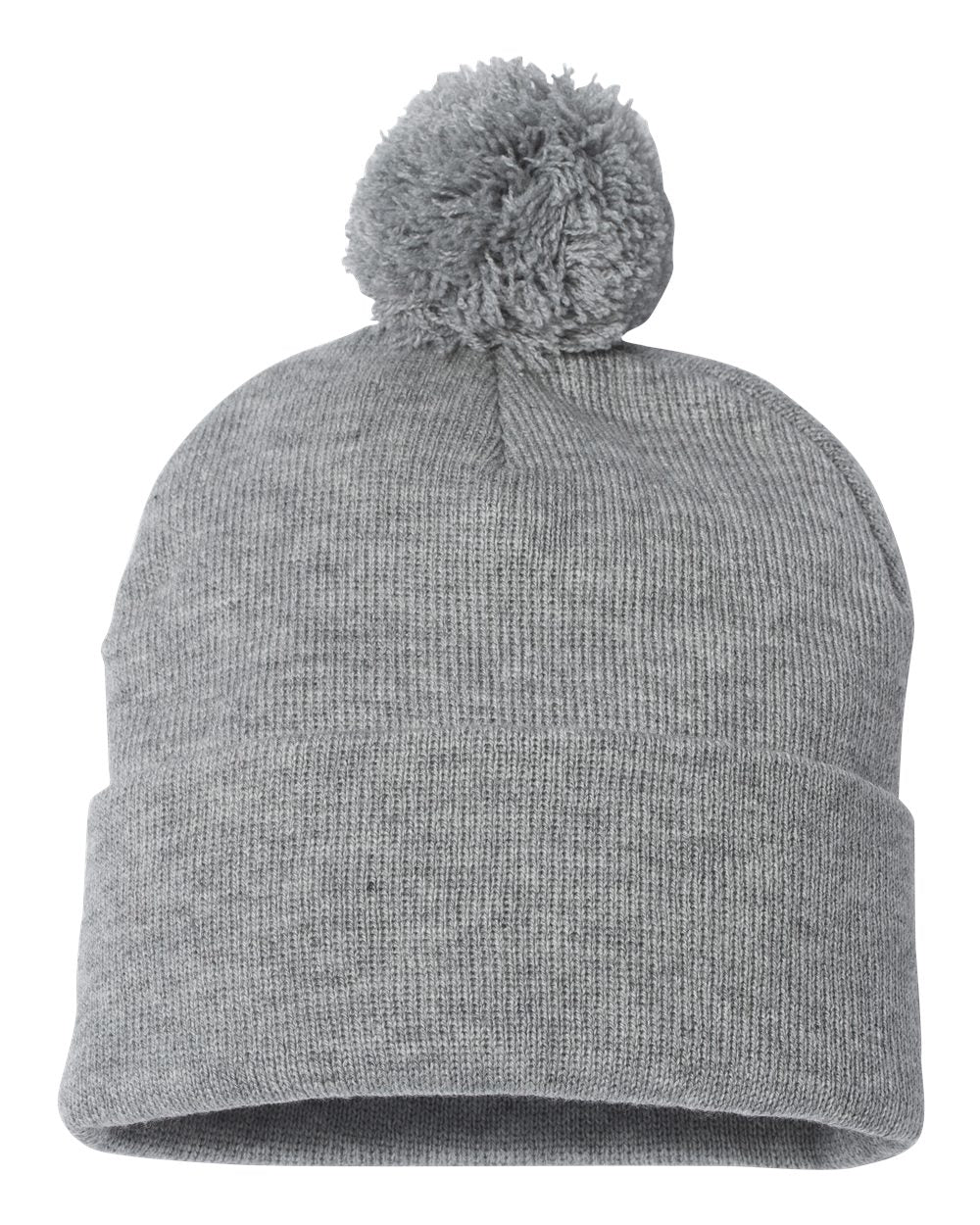 Front View of Light Heather Grey 12" Pom-Pom Cuffed Beanie - SP15