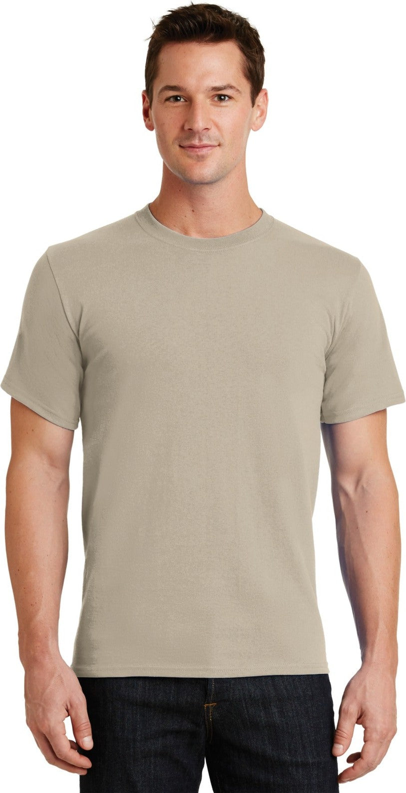 Front View of Light Sand Port & Co Essential Tee. PC61
