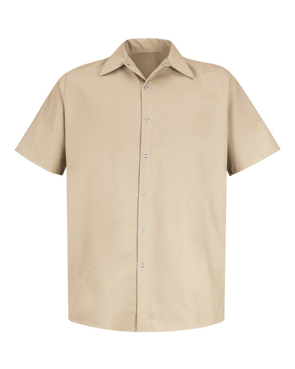 Front View of Light Tan Specialized Short Sleeve Pocketless Work Shirt - SP26