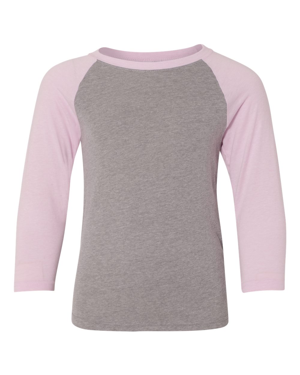 Front View of Lilac Sleeves/ Dark Heather Grey Body Youth CVC Three-Quarter Sleeve Raglan T-Shirt - 3352
