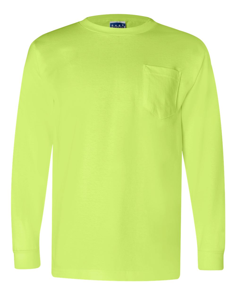 Front View of Lime Green Union-Made Long Sleeve Pocket T-Shirt - 3055