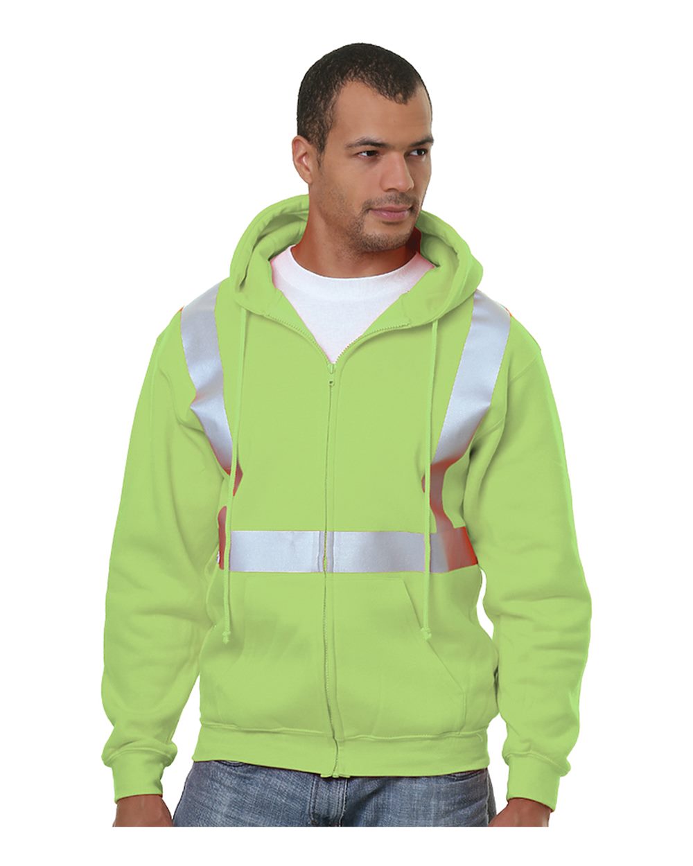 Front View of Lime Green USA-Made Hi-Visibility Full-Zip Hooded Sweatshirt - 3790