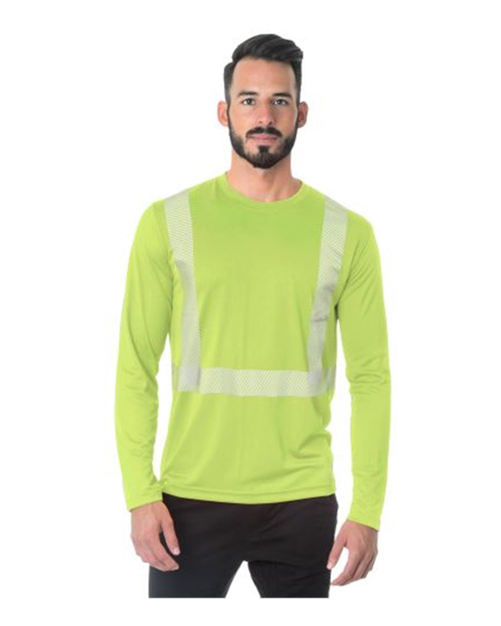 Front View of Lime Green USA-Made Hi-Visibility Long Sleeve Performance T-Shirt - Segmented Tape - 3740