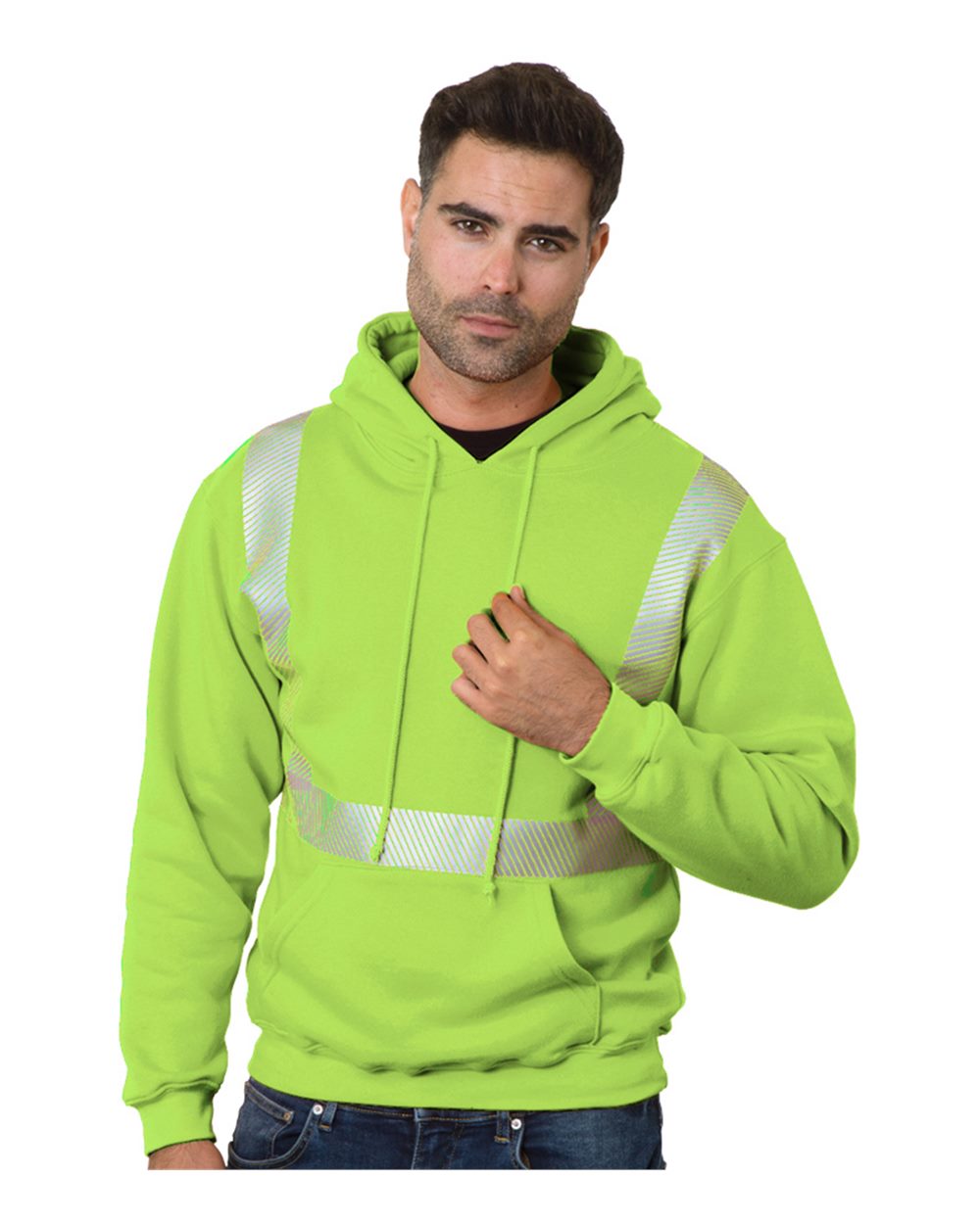 Front View of Lime Green USA-Made High Visibility Hooded Sweatshirt - 3739