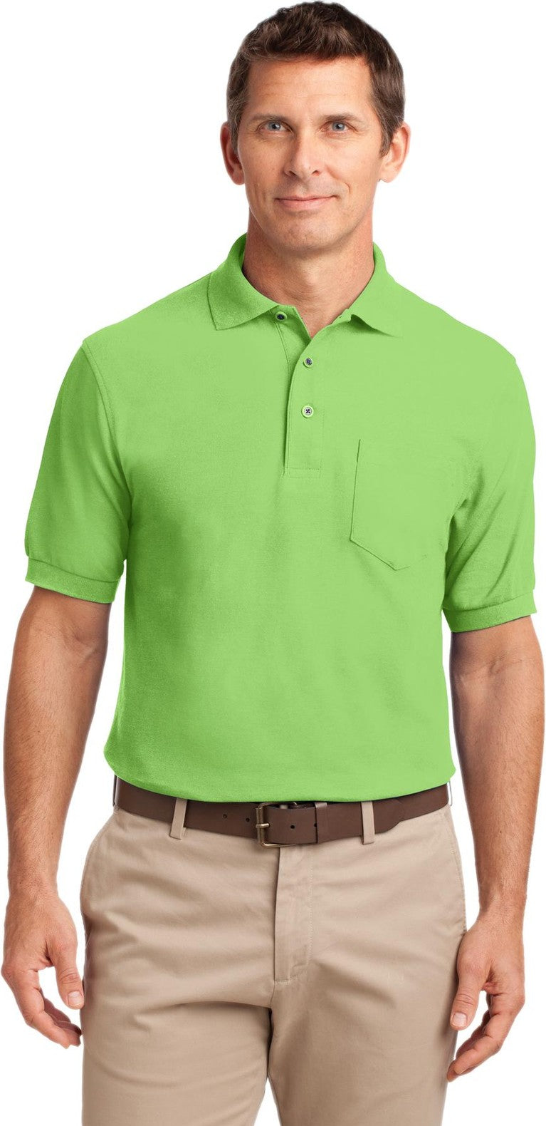 Front View of Lime Port Authority Silk Touch Polo with Pocket. K500P