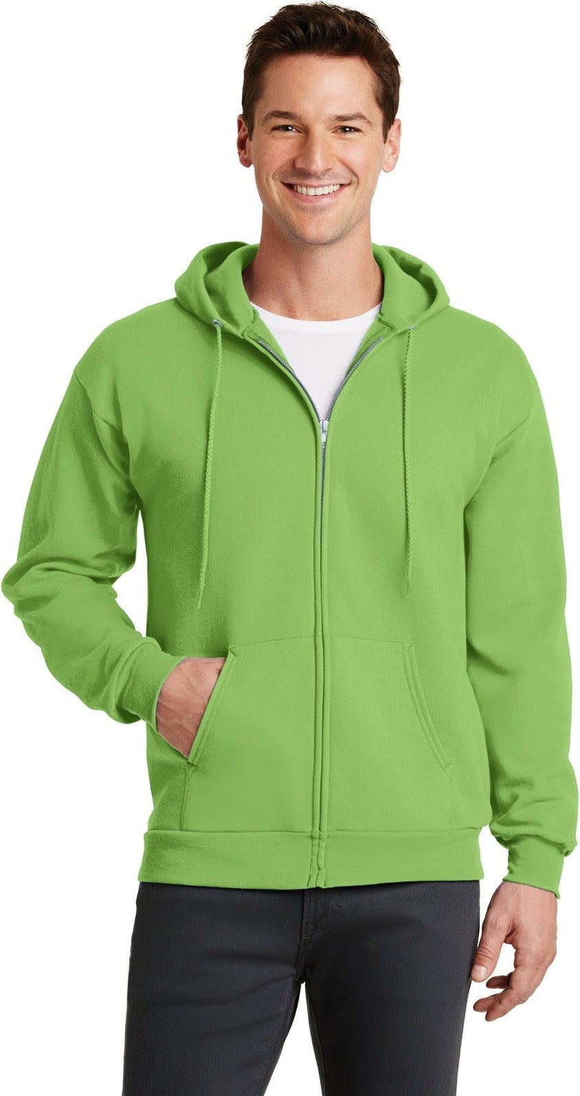 Front View of Lime Port & Co Core Fleece Full-Zip Hooded Sweatshirt. PC78ZH