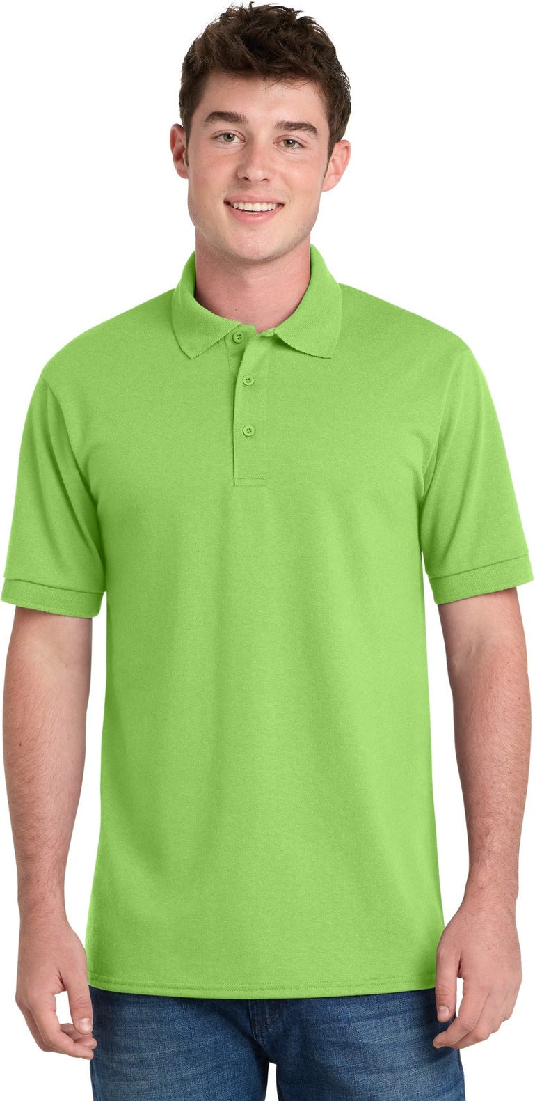 Front View of Lime Port & Co Tall Core Blend Jersey Knit Polo. KP55T