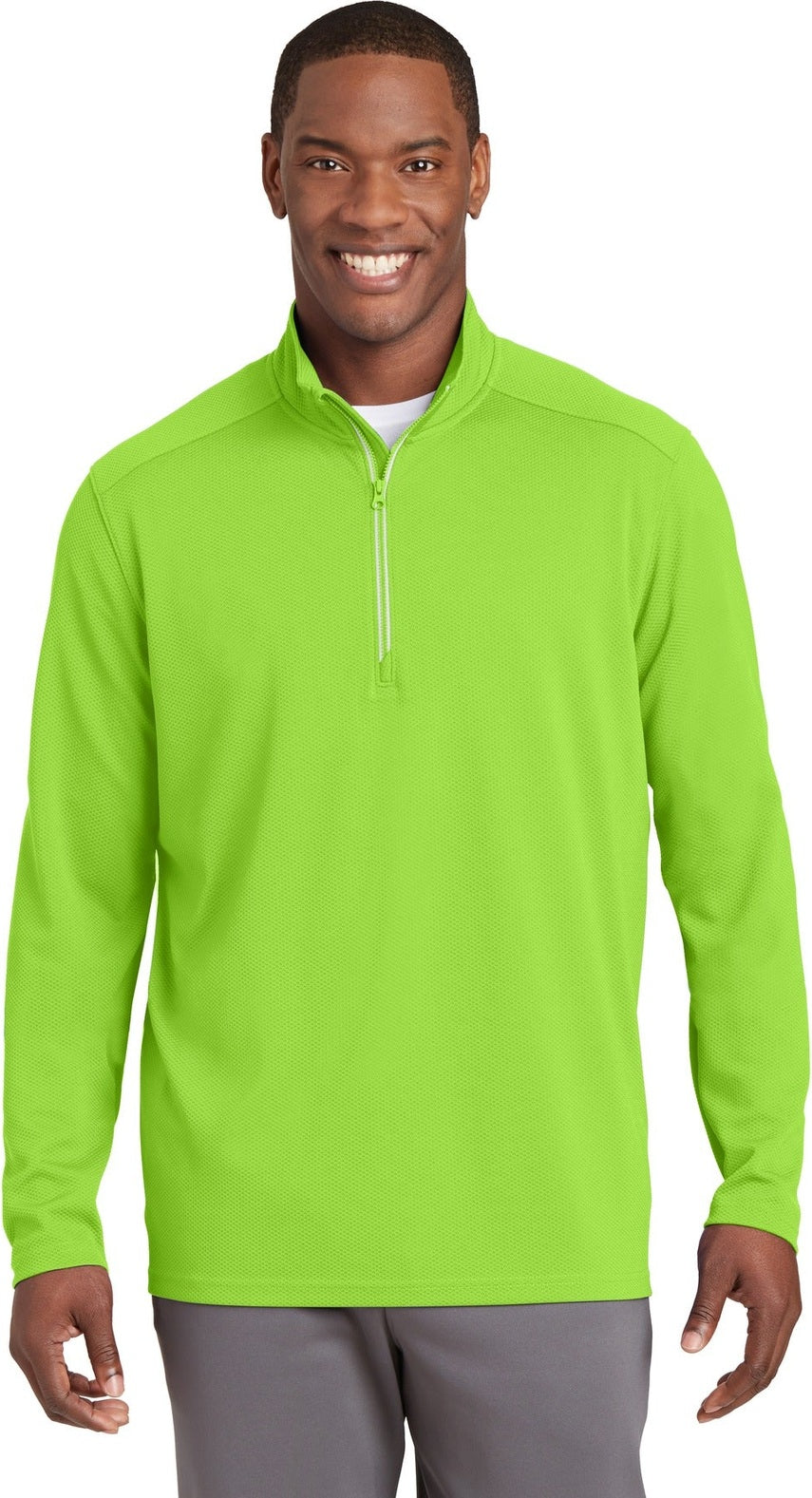 Front View of Lime Shock Sport-Tek Sport-Wick Textured 1/4-Zip Pullover. ST860