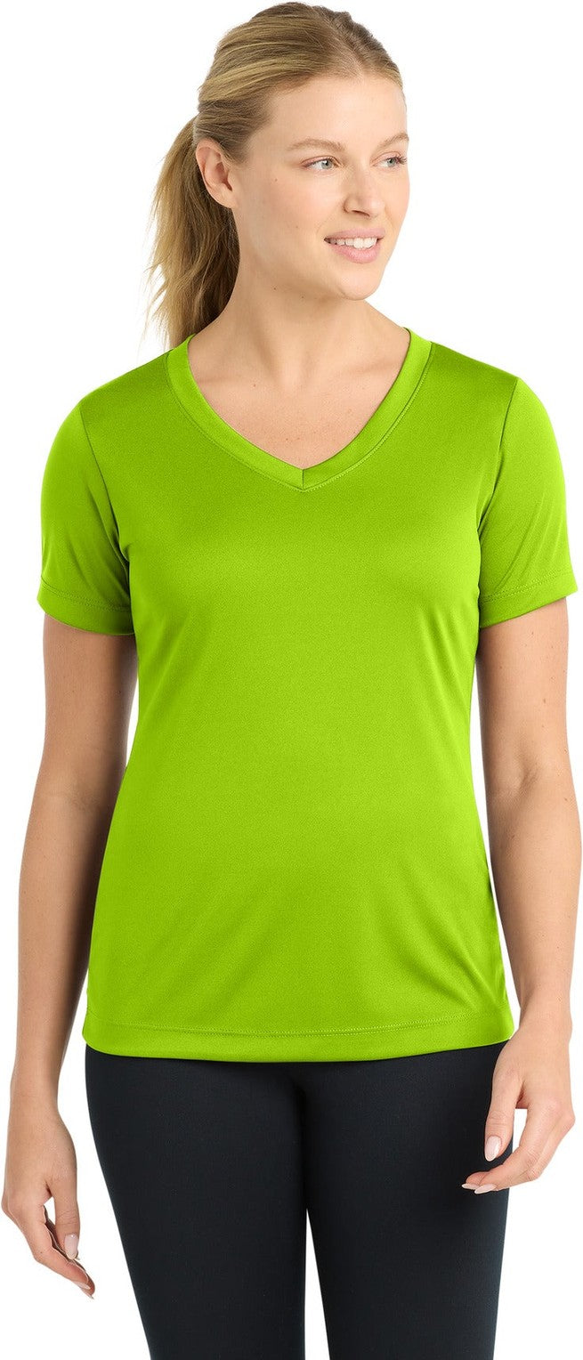 Front View of Lime Shock Sport-Tek Women's PosiCharge Competitor V-Neck Tee. LST353