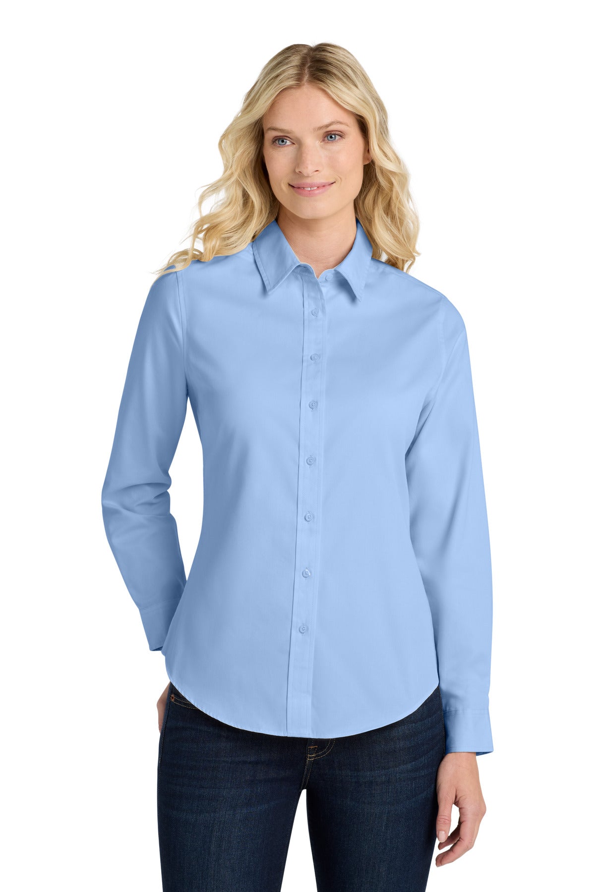 Front View of Lt Blue/Lt Stn Port Authority Women's Long Sleeve Easy Care Shirt. L608