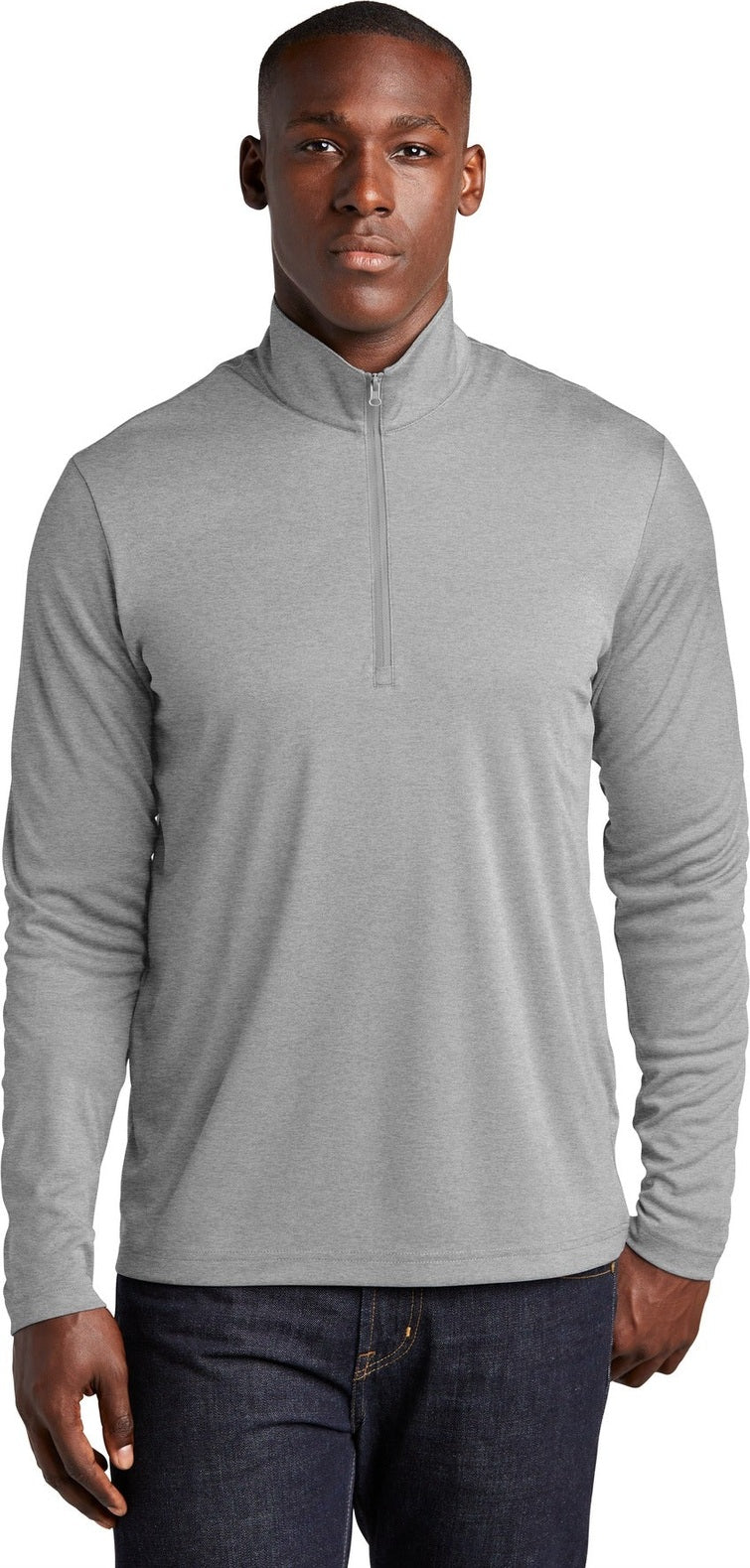 Front View of Lt Grey Hthr Sport-Tek Endeavor 1/2-Zip Pullover. ST469