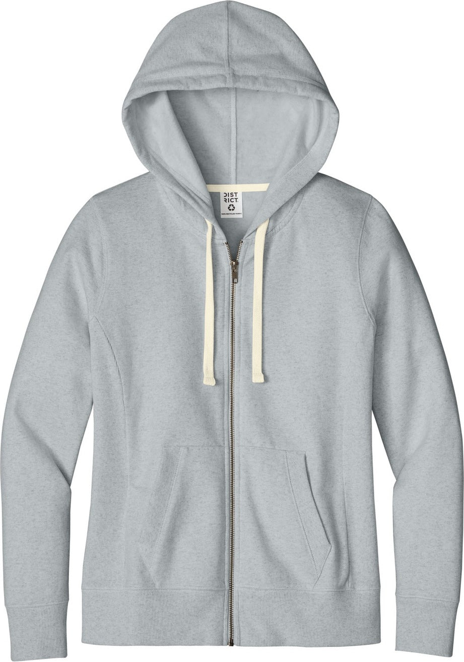 Front View of Lt Hthr Grey District Women's Re-Fleece Full-Zip Hoodie DT8103