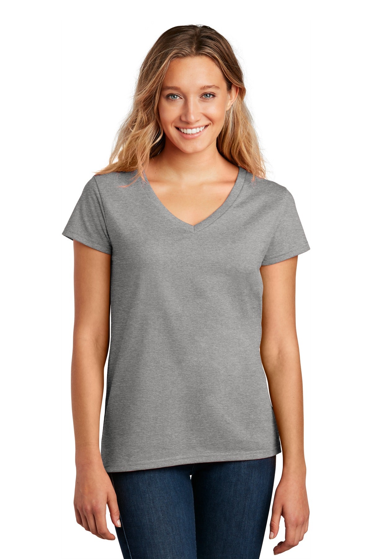 Front View of Lt Hthr Grey District Women's Re-Tee V-Neck DT8001