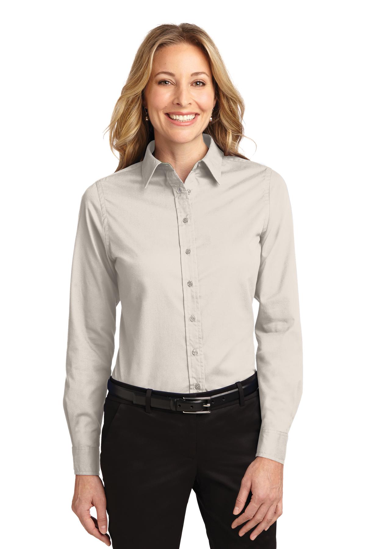 Front View of Lt Stone/Cl Ny Port Authority Women's Long Sleeve Easy Care Shirt. L608
