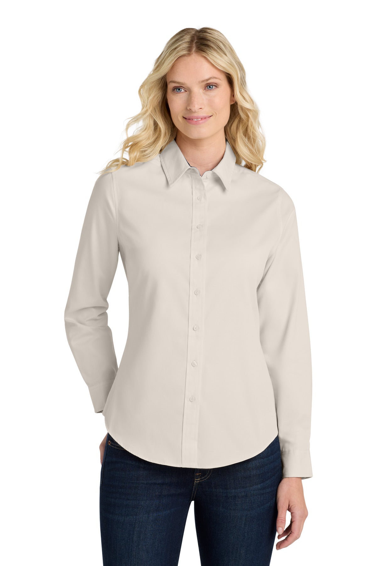 Front View of Lt Stone/Cl Ny Port Authority Women's Long Sleeve Easy Care Shirt. L608