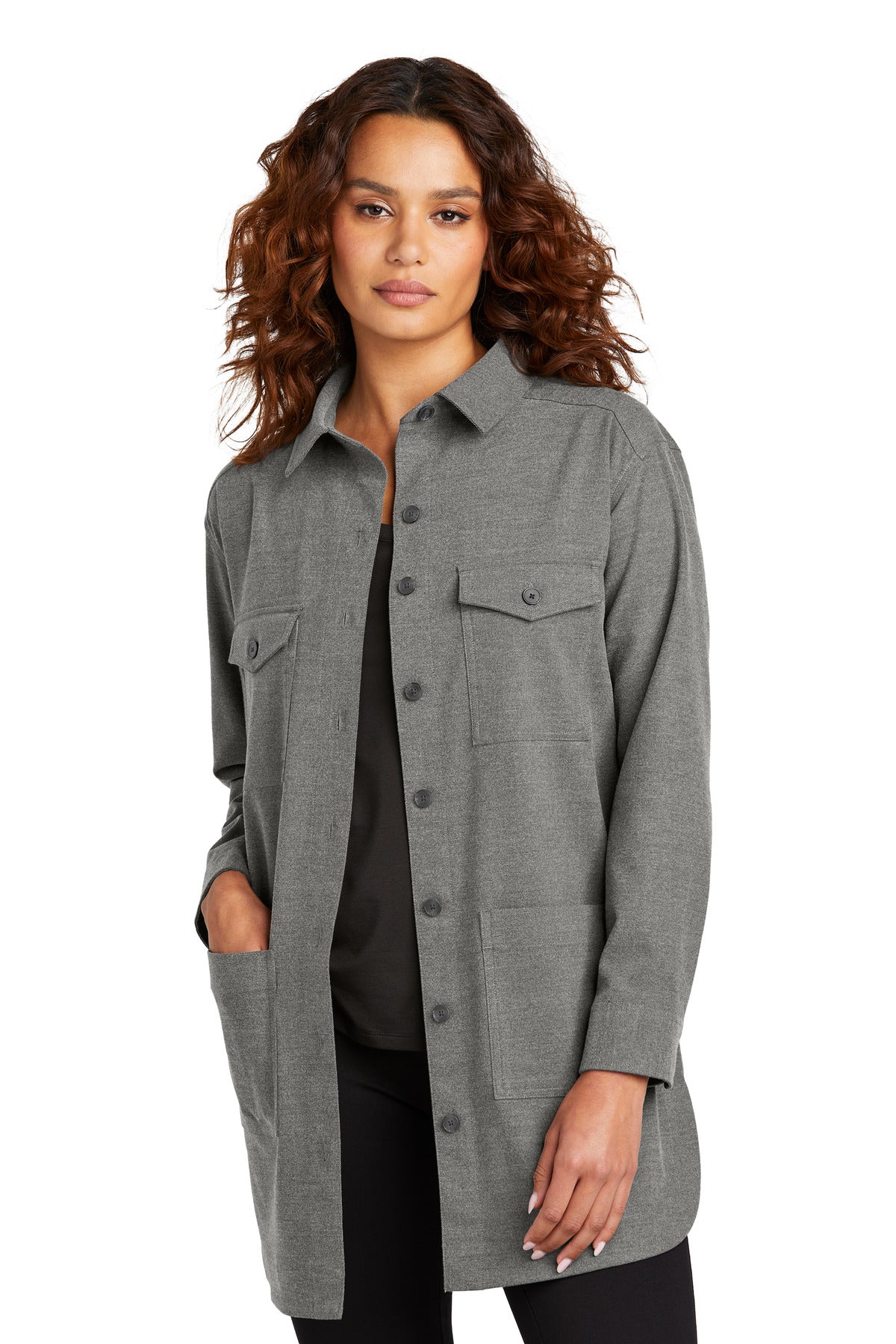 Front View of LtAnchrGyH Mercer+Mettle Women's Long Sleeve Twill Overshirt MM2021
