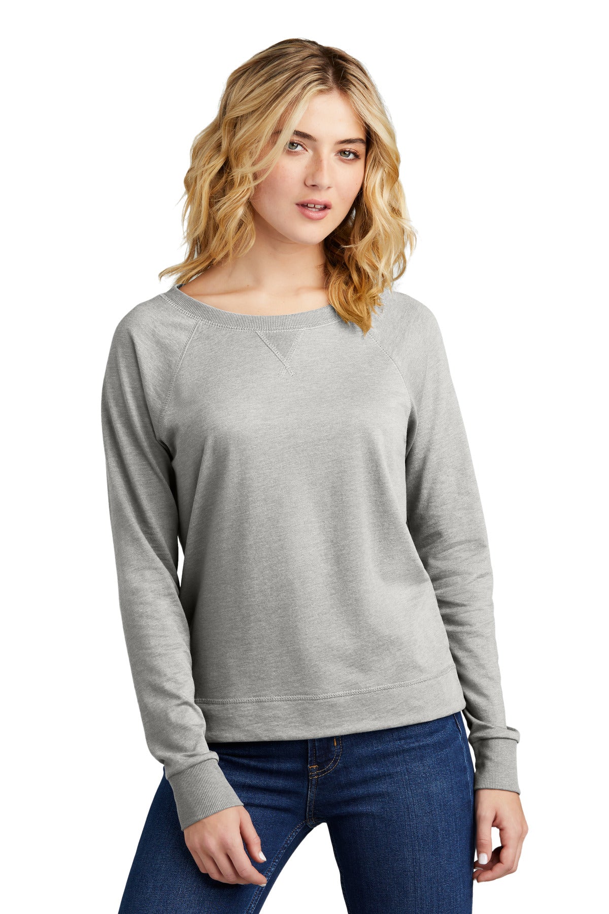 Front View of LtHtGry District Women's Featherweight French Terry Long Sleeve Crewneck DT672