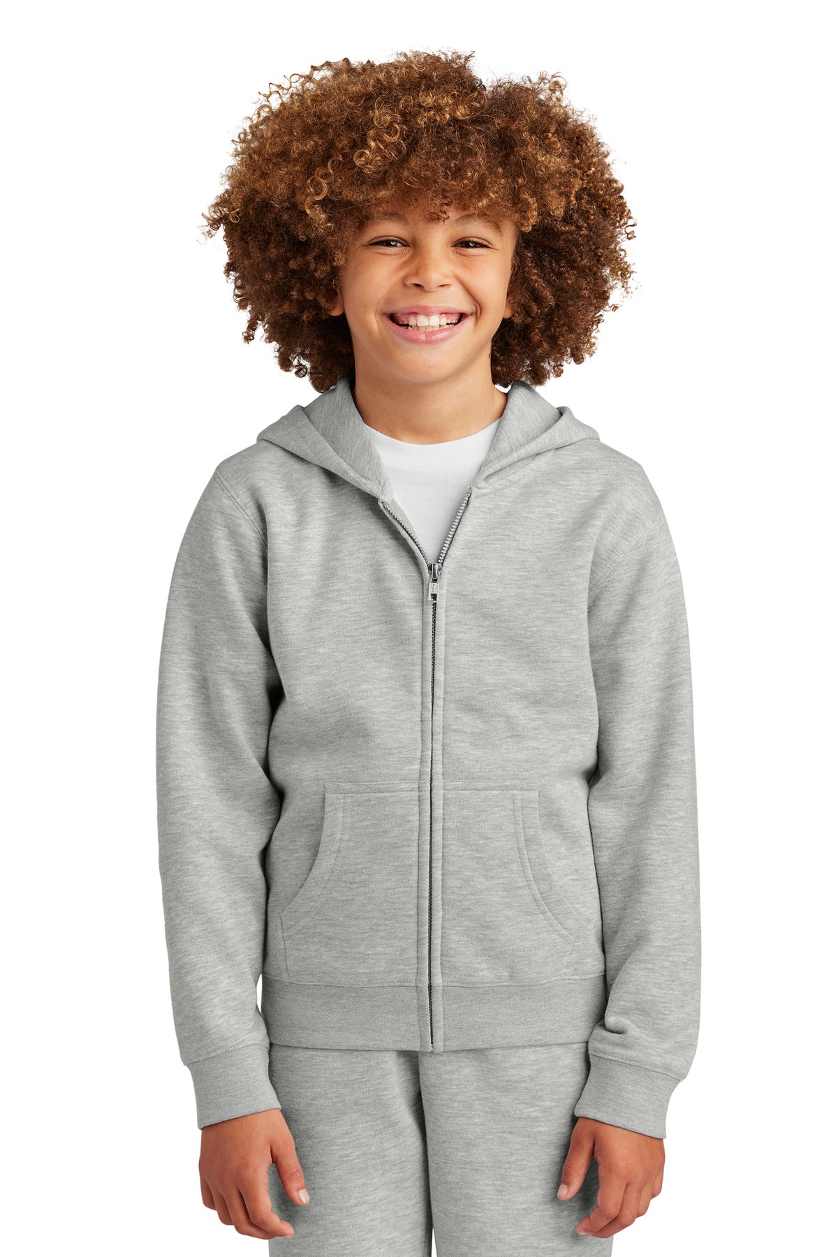 Front View of LtHtGry District Youth V.I.T. Fleece Full-Zip Hoodie DT6102Y