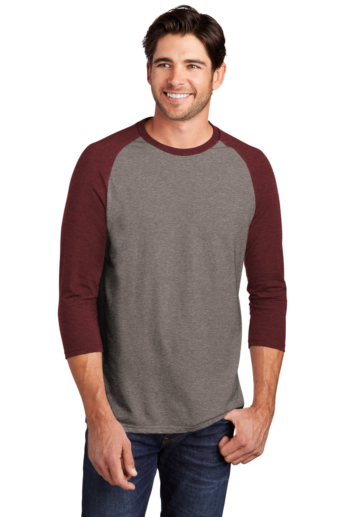 Front View of Maroon Fr/Gy F District Perfect Tri 3/4-Sleeve Raglan. DM136