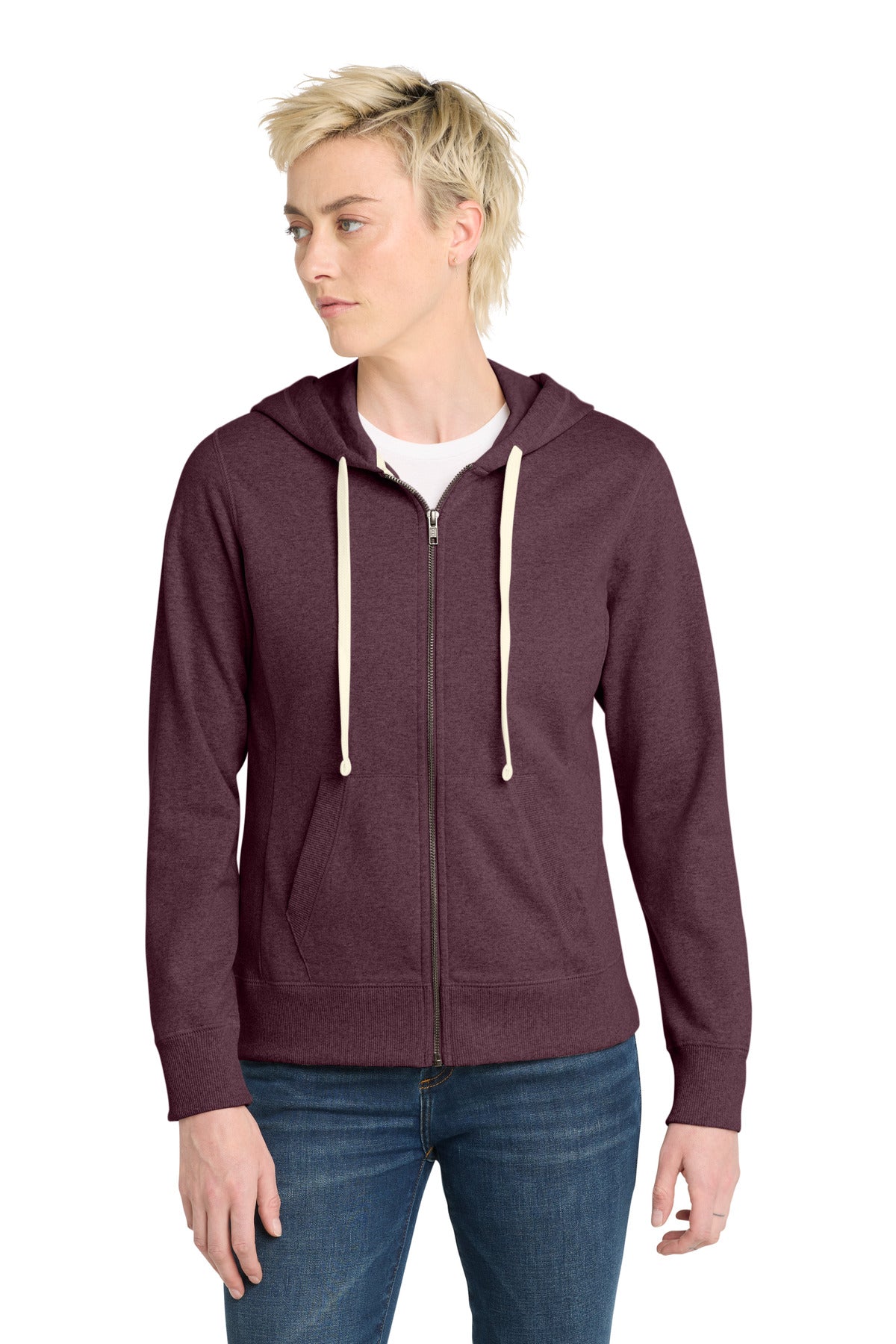 Front View of Maroon Hthr District Women's Re-Fleece Full-Zip Hoodie DT8103