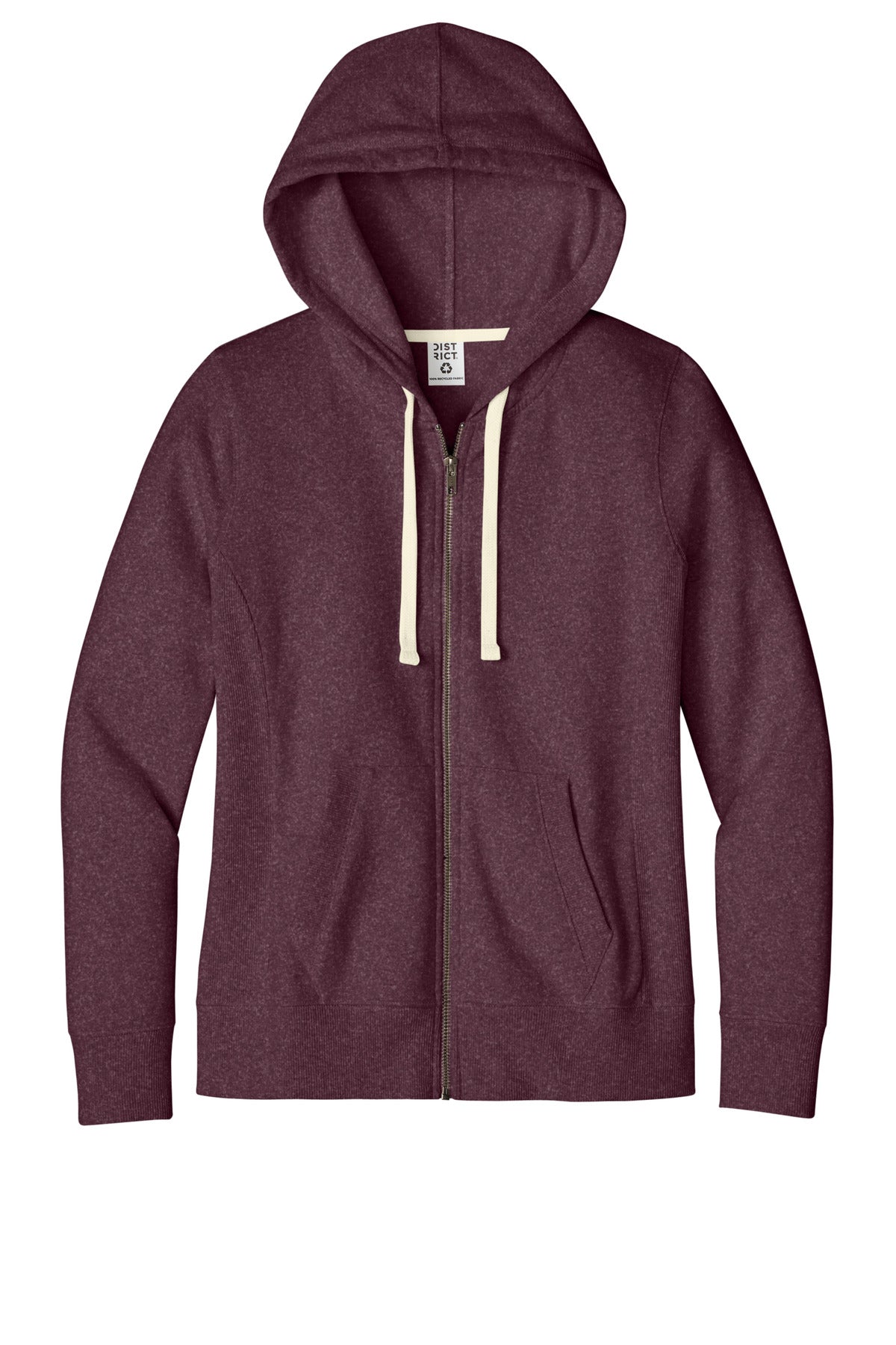 Front View of Maroon Hthr District Women's Re-Fleece Full-Zip Hoodie DT8103
