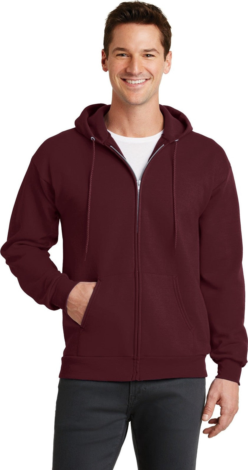 Front View of Maroon Port & Co Core Fleece Full-Zip Hooded Sweatshirt. PC78ZH