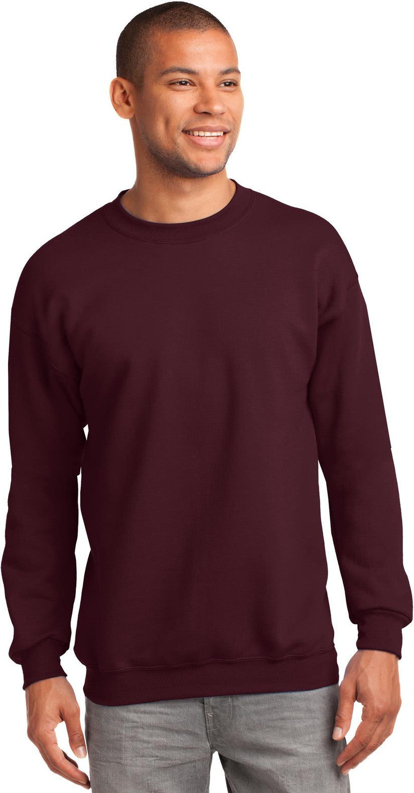 Front View of Maroon Port & Co Tall Essential Fleece Crewneck Sweatshirt. PC90T