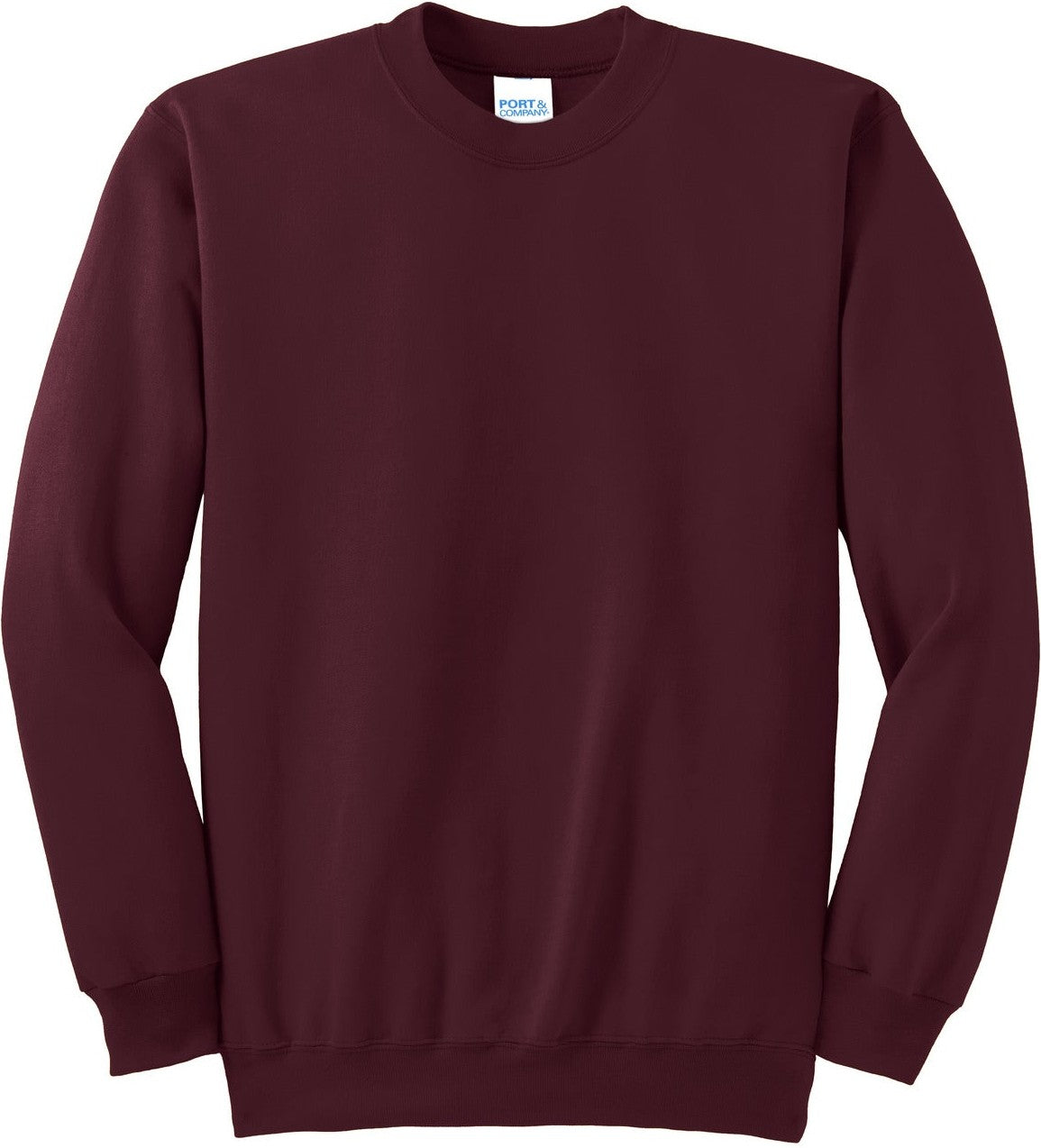 Front View of Maroon Port & Co Tall Essential Fleece Crewneck Sweatshirt. PC90T