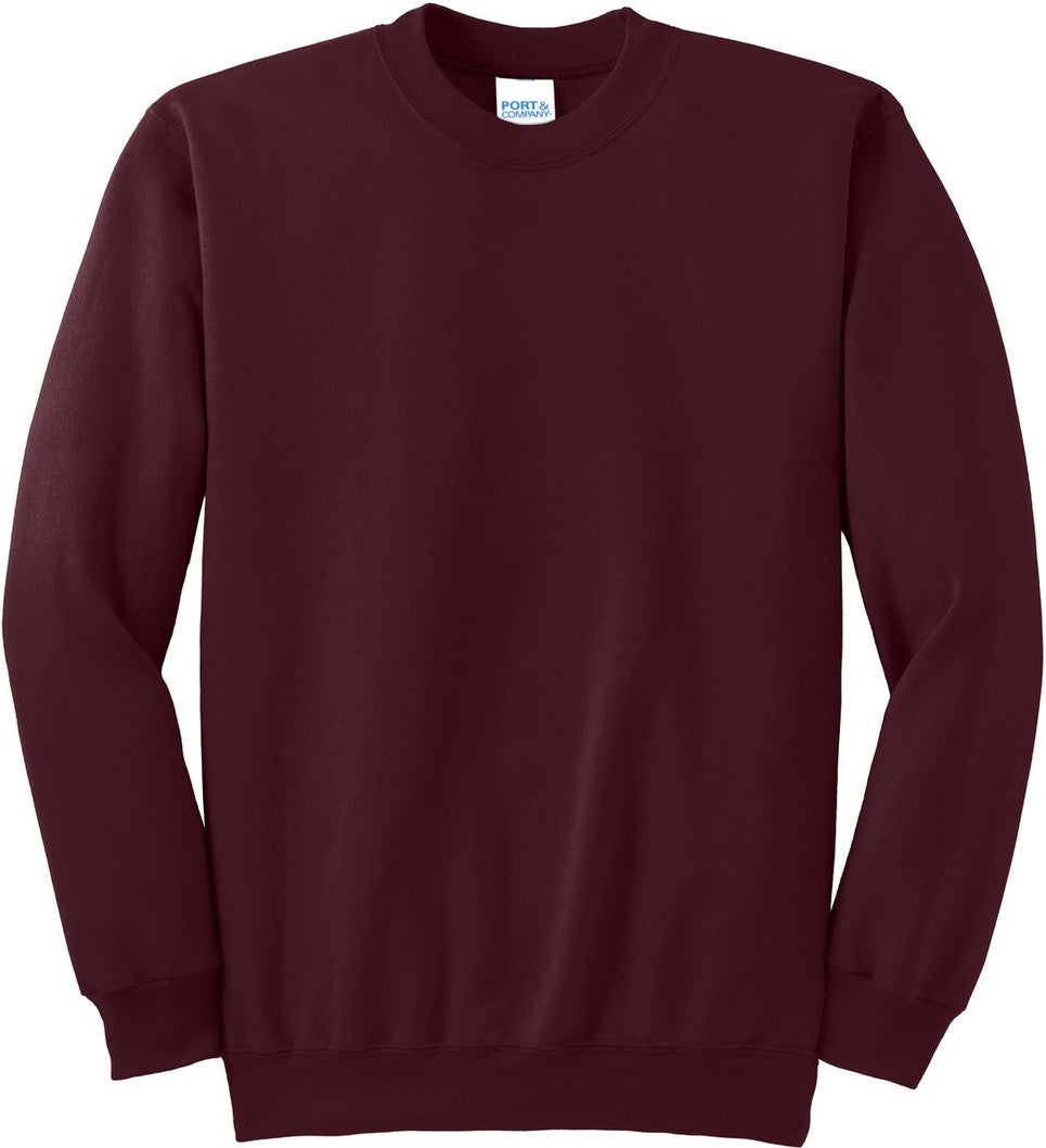 Front View of Maroon Port & Co Tall Essential Fleece Crewneck Sweatshirt. PC90T