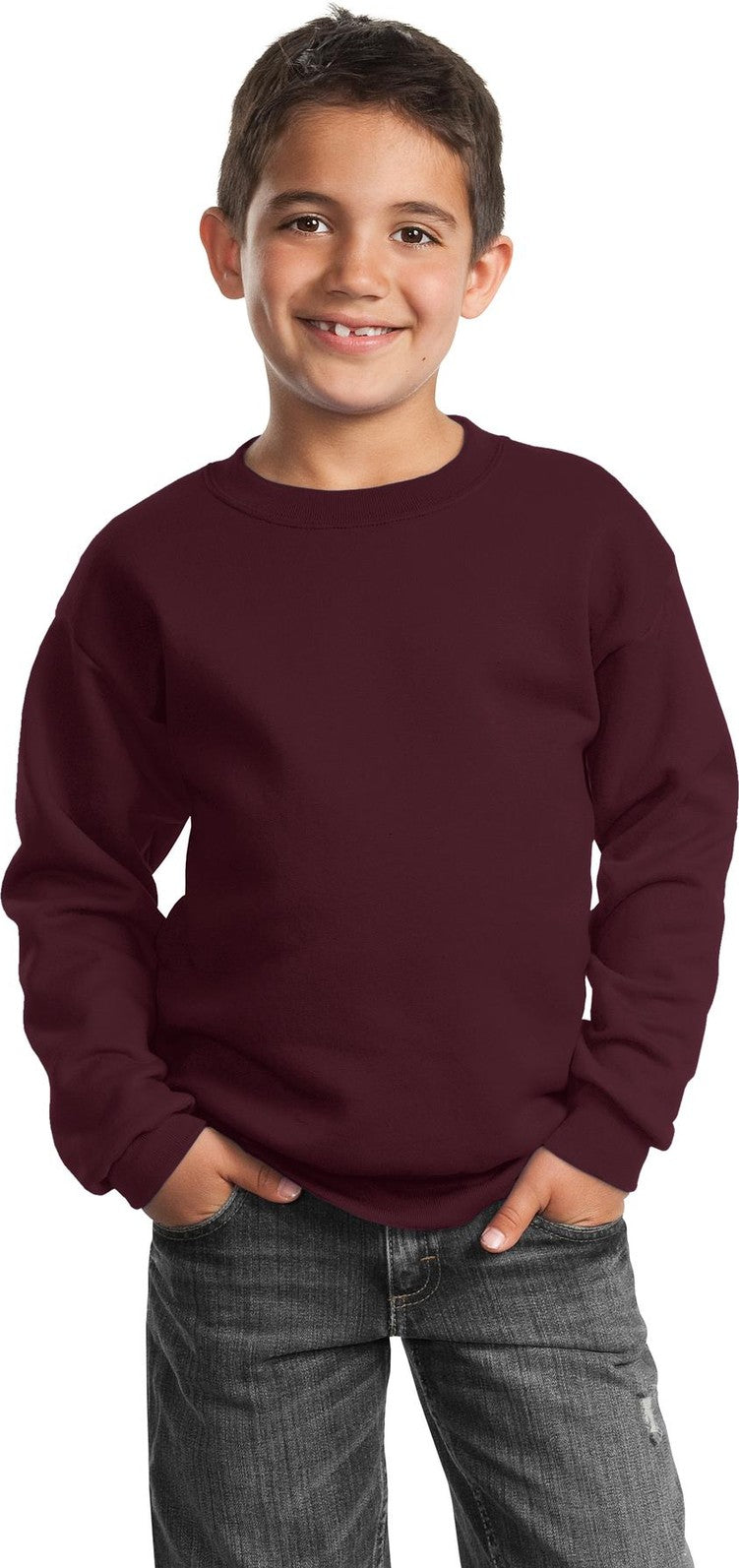 Front View of Maroon Port & Co Youth Core Fleece Crewneck Sweatshirt. PC90Y