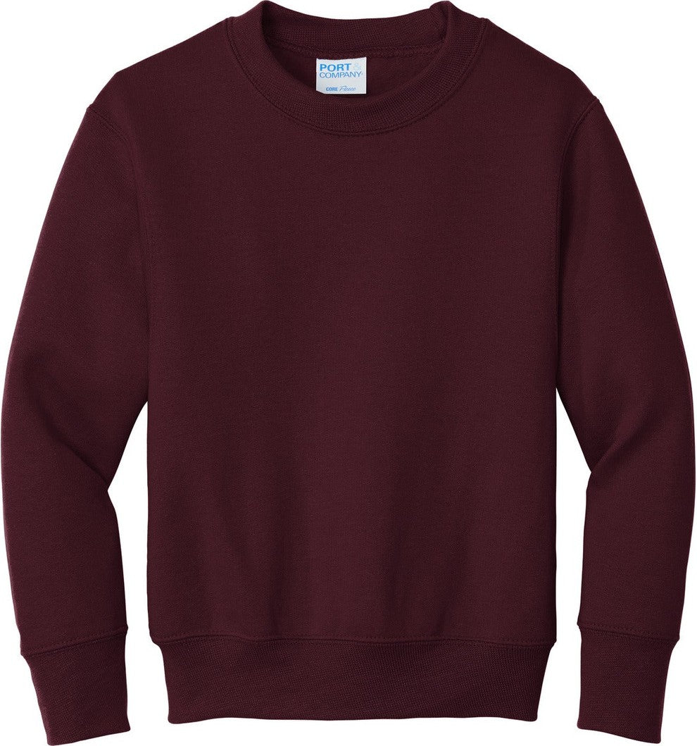 Front View of Maroon Port & Co Youth Core Fleece Crewneck Sweatshirt. PC90Y