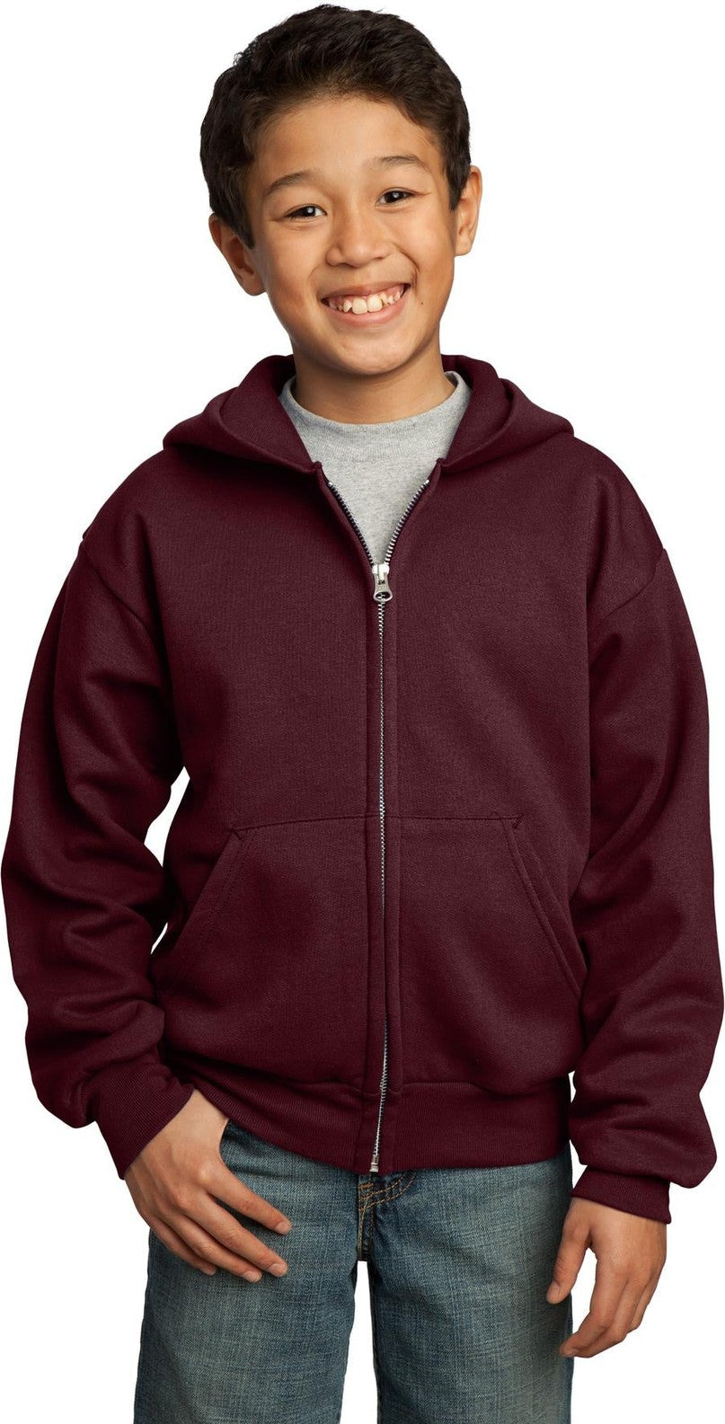 Front View of Maroon Port & Co Youth Core Fleece Full-Zip Hooded Sweatshirt. PC90YZH