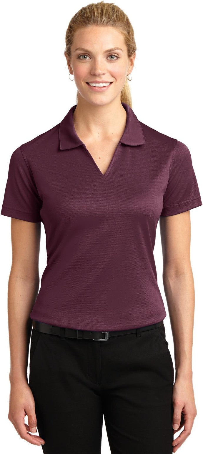 Front View of Maroon Sport-Tek Women's Dri-Mesh V-Neck Polo. L469