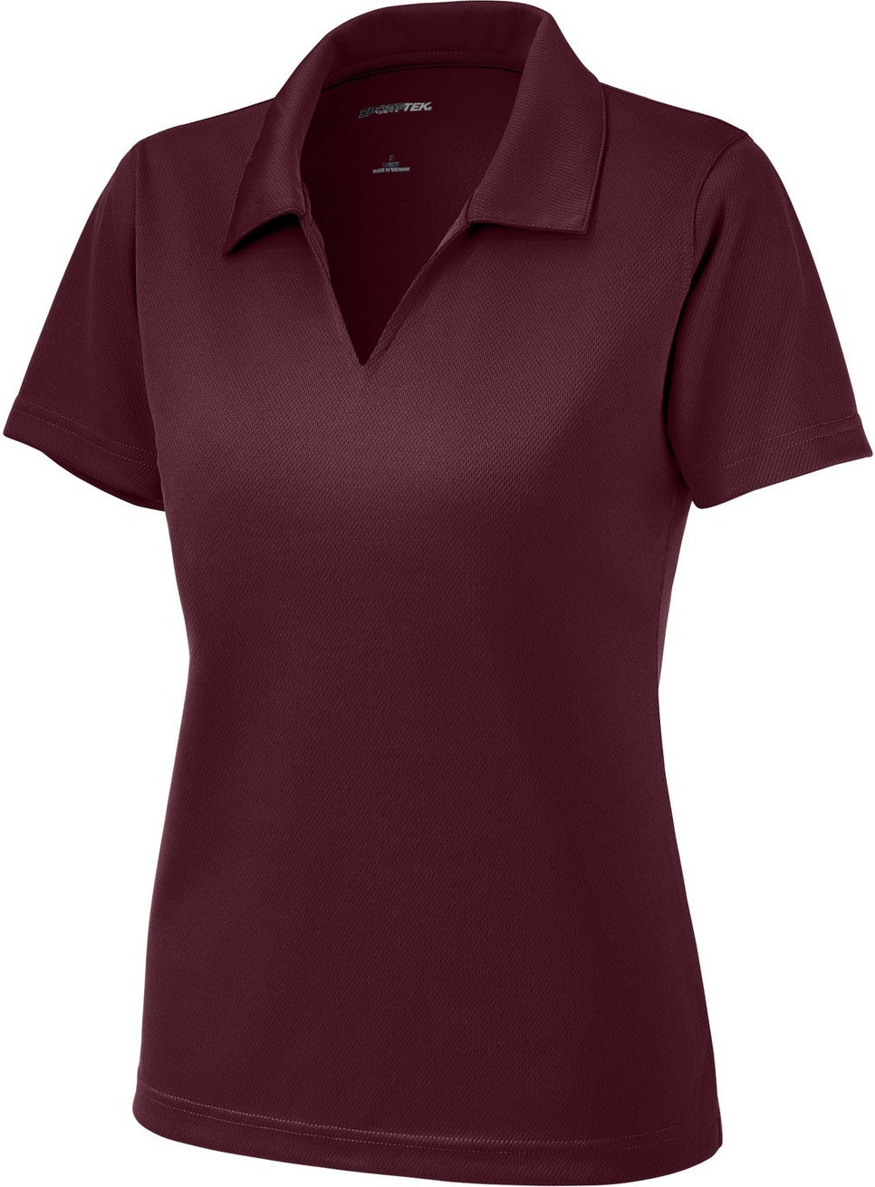 Front View of Maroon Sport-Tek Women's Dri-Mesh V-Neck Polo. L469