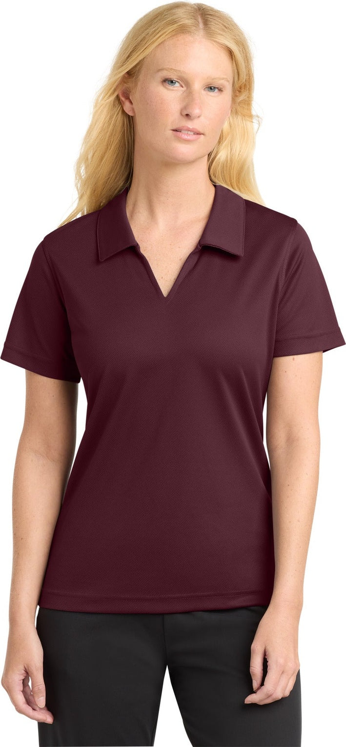 Front View of Maroon Sport-Tek Women's Dri-Mesh V-Neck Polo. L469