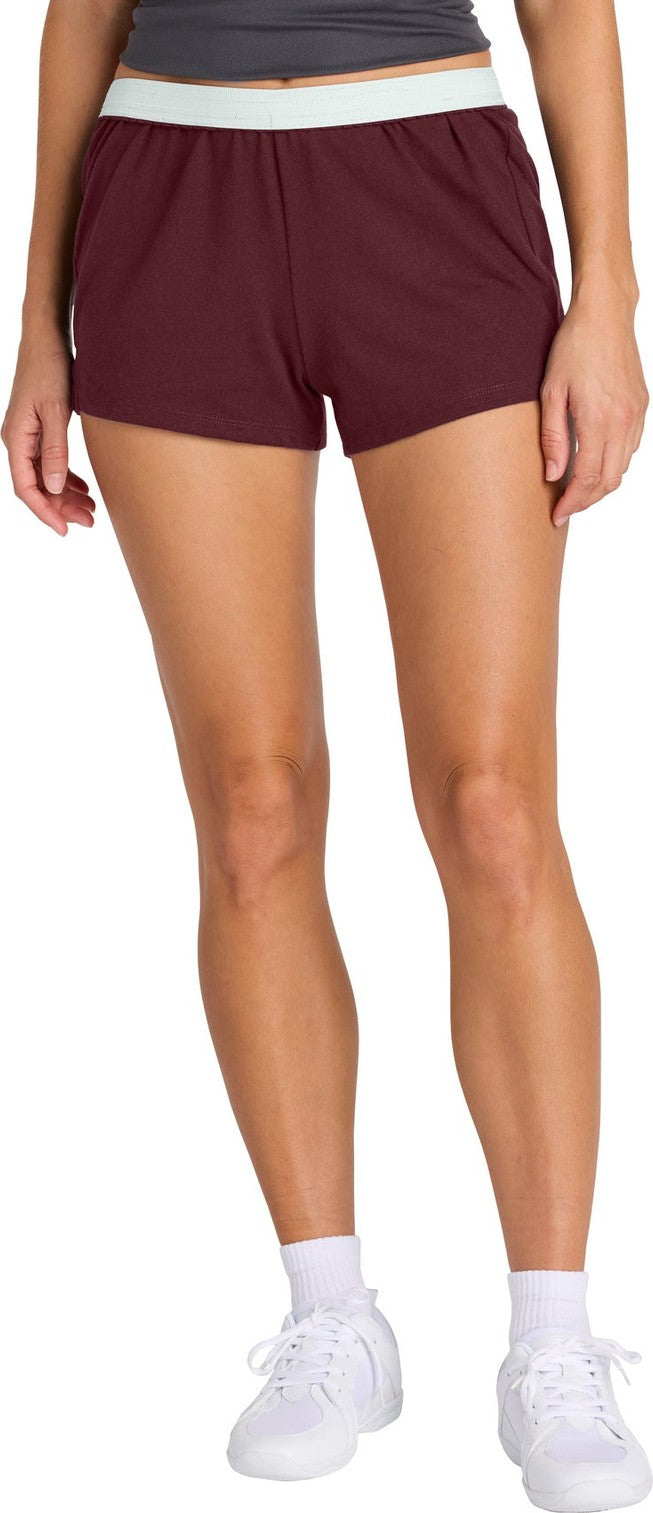 Front View of Maroon Sport-Tek Women's Jersey Knit Squad Short LST311