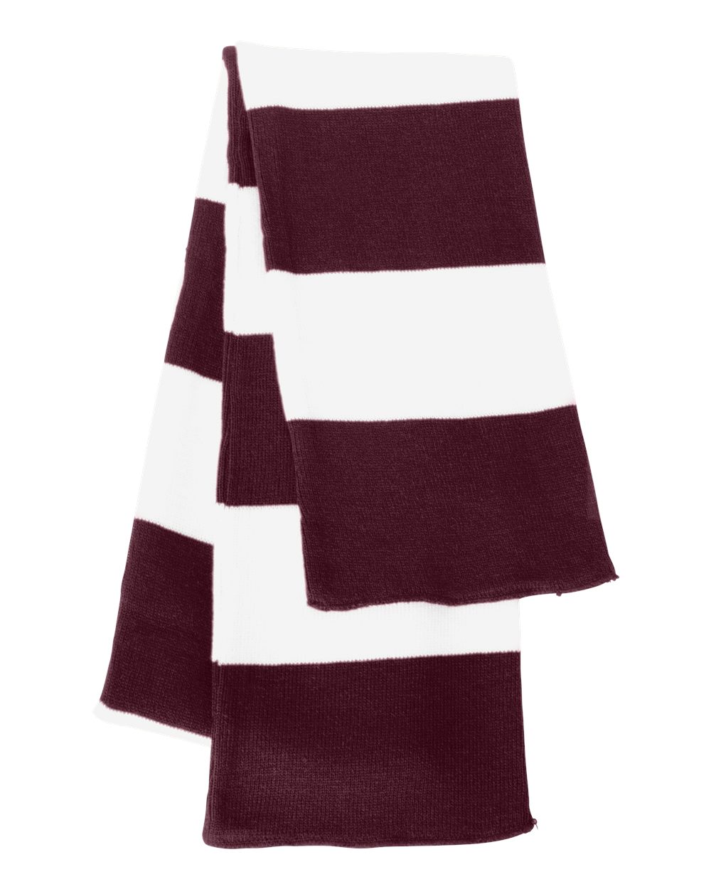 Front View of Maroon/ White Rugby-Striped Knit Scarf - SP02