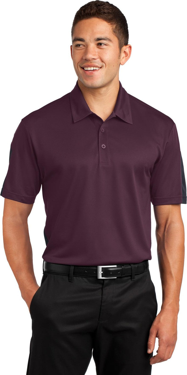 Front View of Maroon/Grey Sport-Tek PosiCharge Active Textured Colorblock Polo. ST695