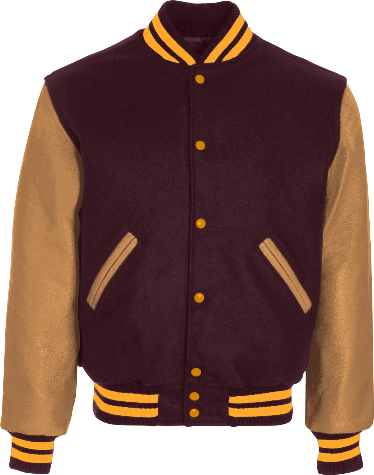Front View of MAROON/LIGHT GOLD VARSITY WOOL JACKET