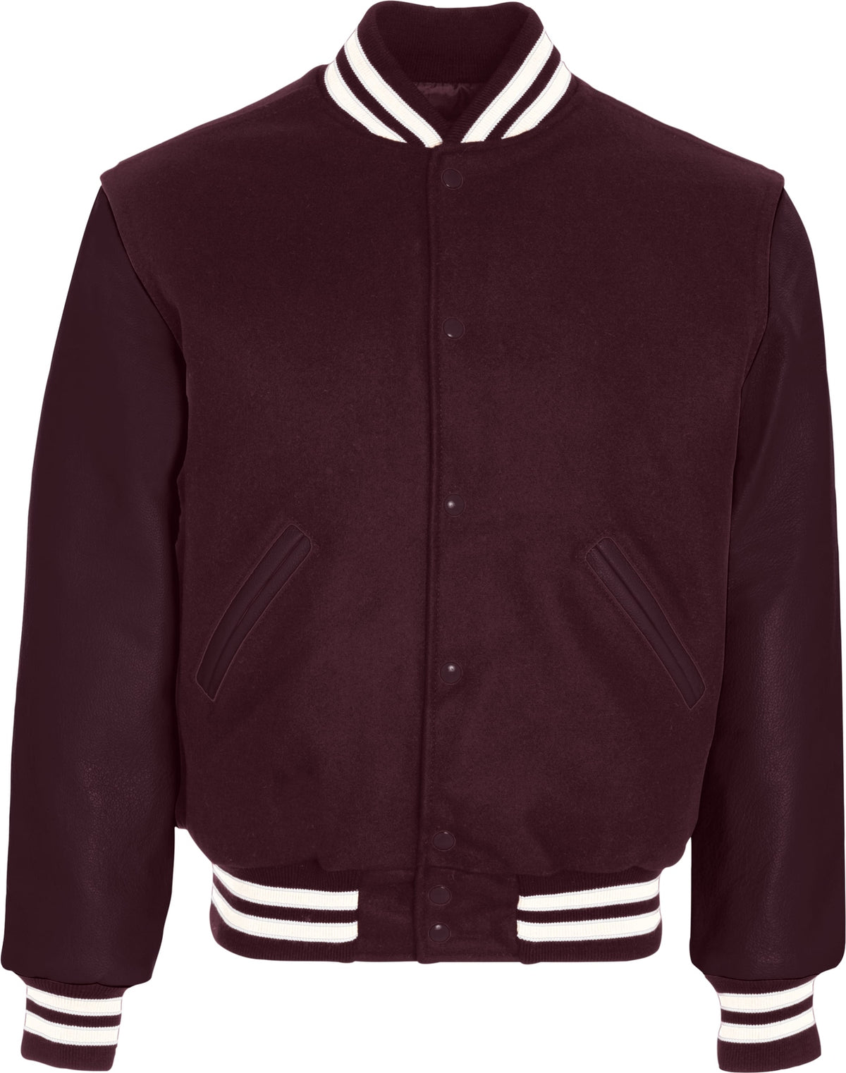Front View of MAROON/MAROON/WHITE VARSITY WOOL JACKET