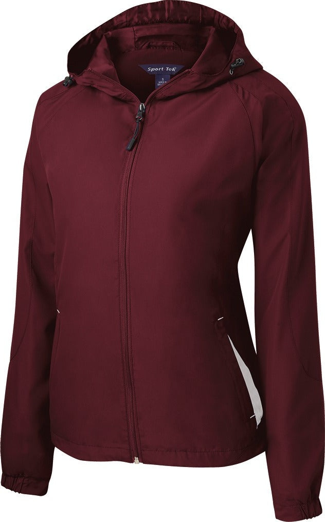 Front View of Maroon/White Sport-Tek Women's Colorblock Hooded Raglan Jacket. LST76