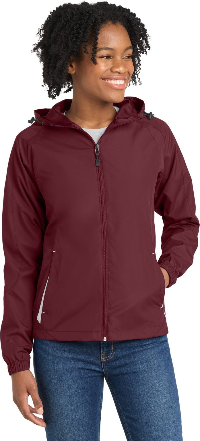 Front View of Maroon/White Sport-Tek Women's Colorblock Hooded Raglan Jacket. LST76