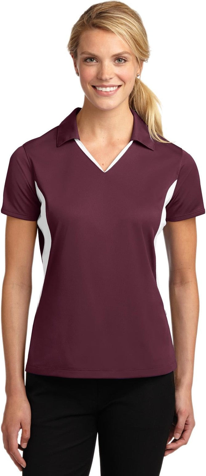 Front View of Maroon/White Sport-Tek Women's Side Blocked Micropique Sport-Wick Polo. LST655