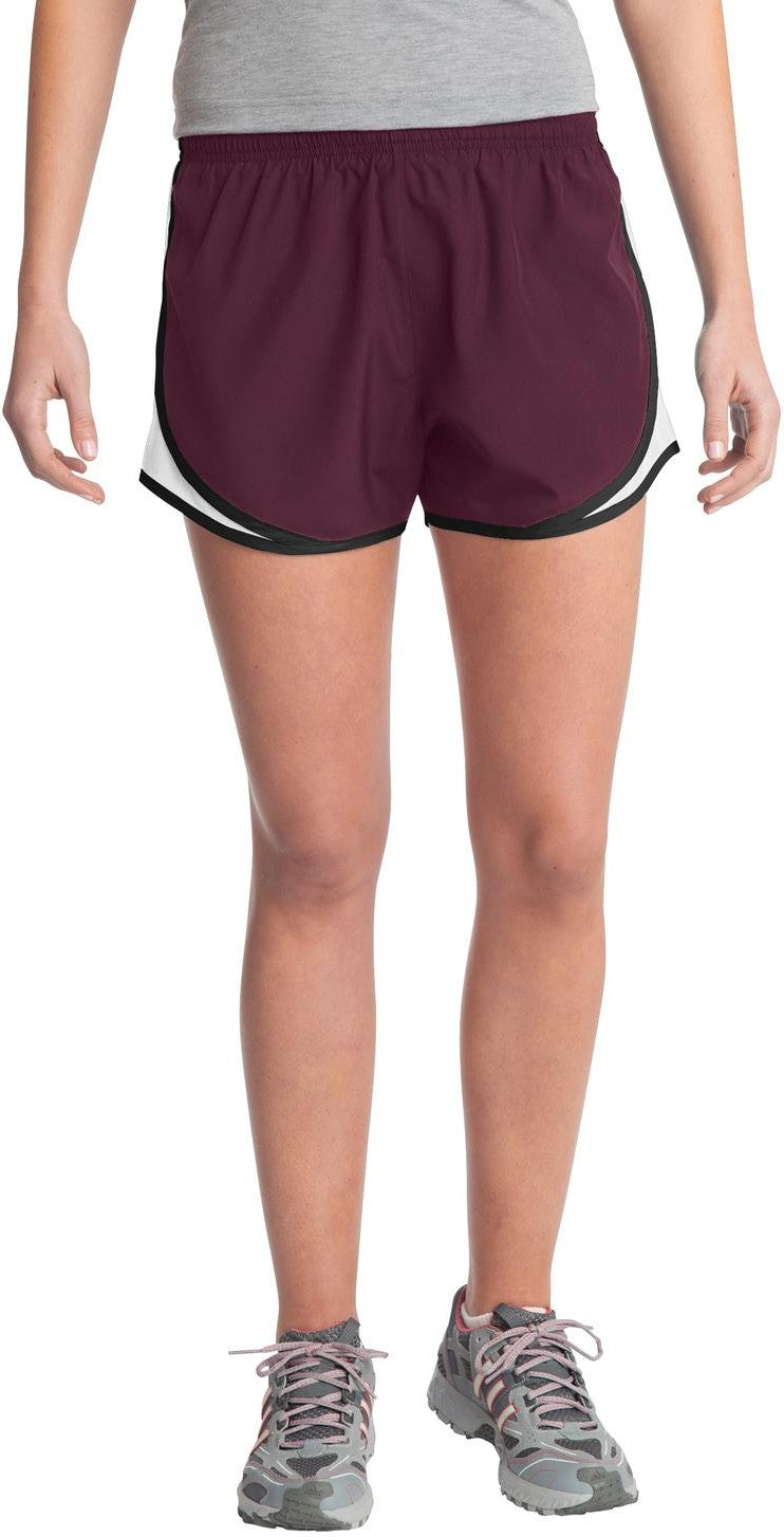 Front View of Maroon/Wht/Blk Sport-Tek Women's Cadence Short. LST304
